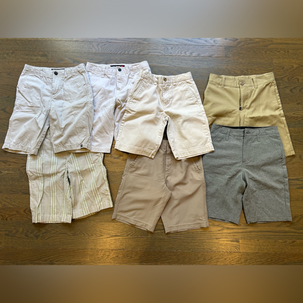 Lot of 7 pairs of boys shorts size 7, 7x, small khaki golf shorts, brands